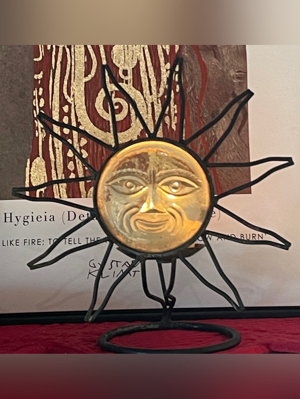 Vintage Celestial Glass Sun Face Candle Holder Metal Base